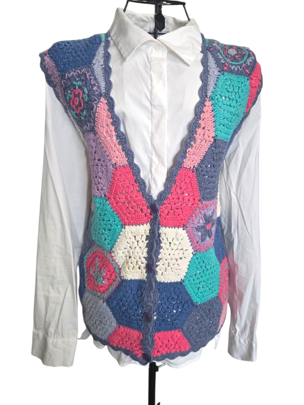 Koret Multicolor Crochet Hexagon Vest - Blue Pink Teal Cream Purple